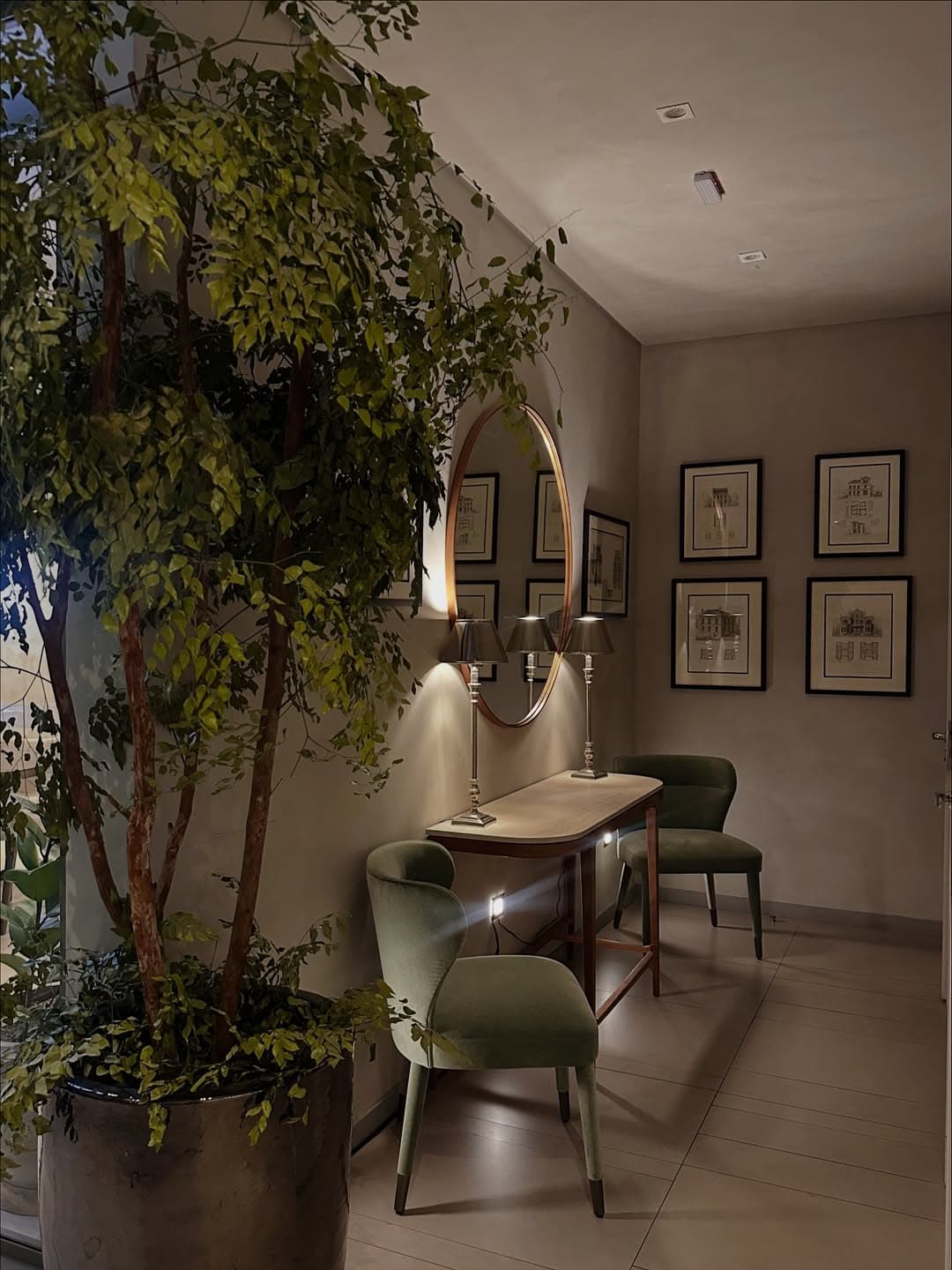 Canto elegante com espelho, luminárias e plantas
