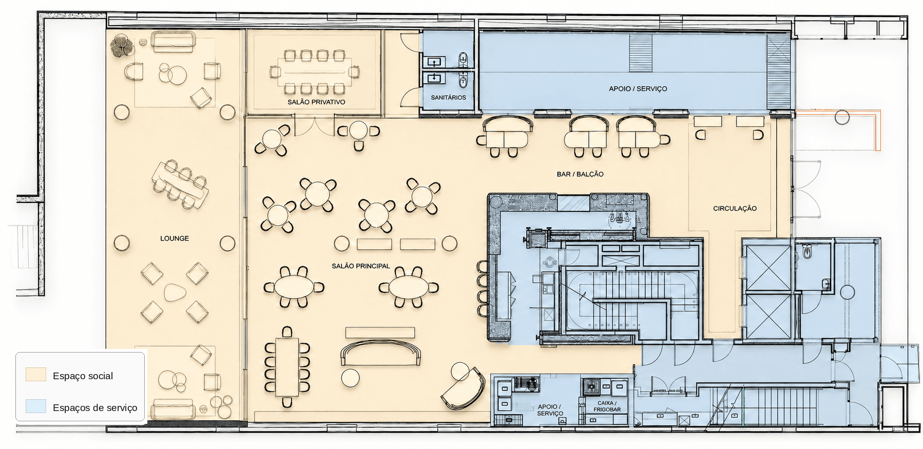 Planta do NOON com recepção, lounge e terraço